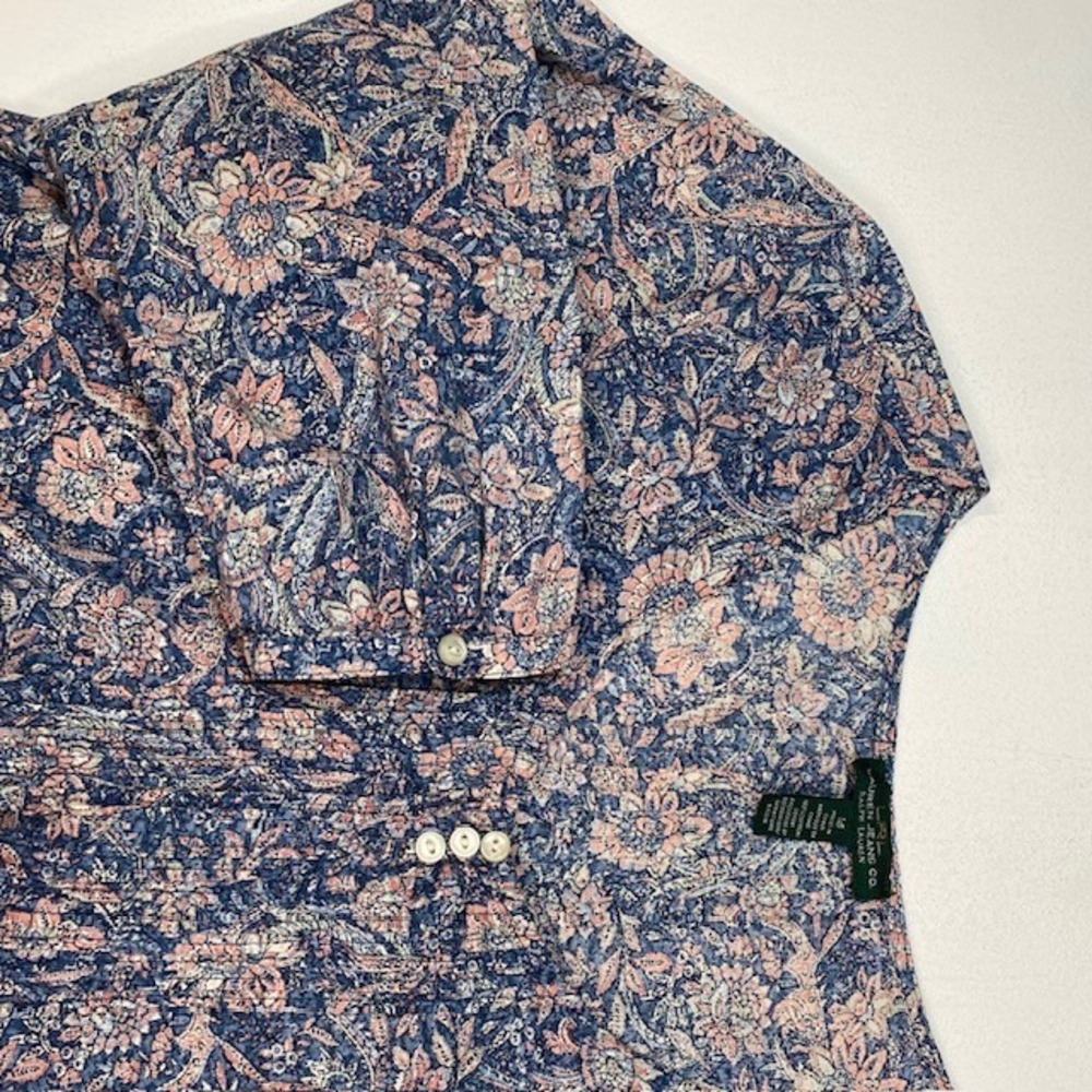 Lauren Jeans Co Ralph Lauren Blue Pink Paisley Floral Cotton Pintuck Blouse M